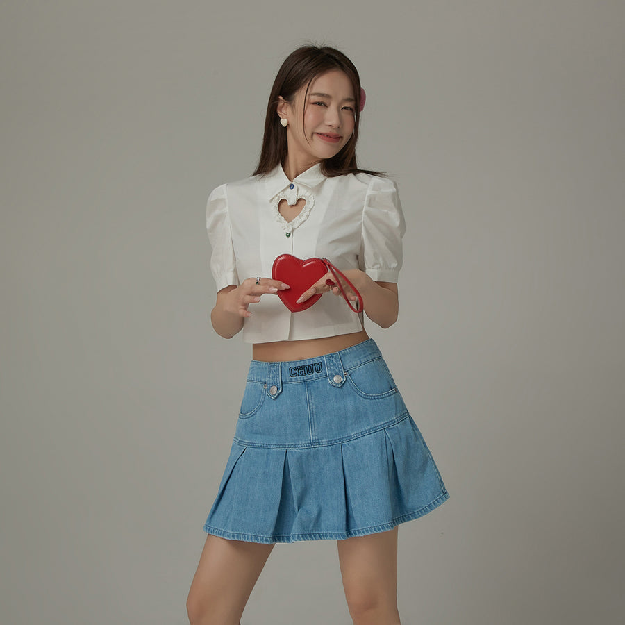 CHUU Puff Sleeve Heart Cut Out Crop Shirt