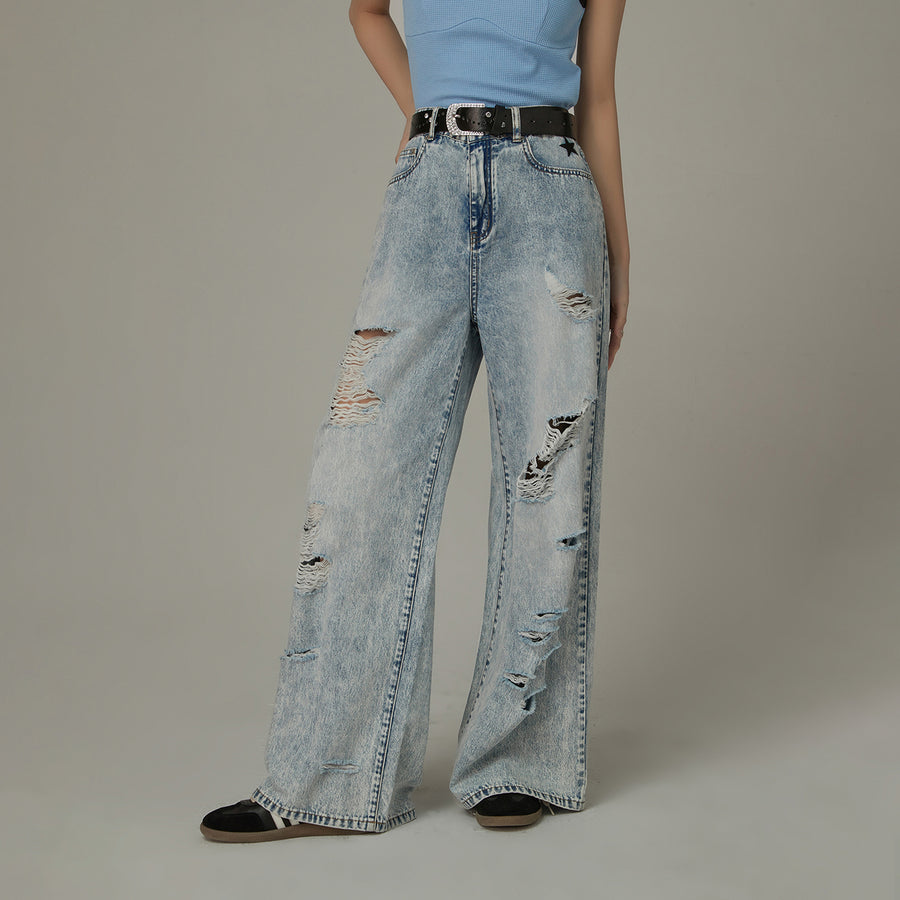 CHUU Distressed Straight Wide-Leg Denim Jeans