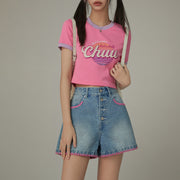 Color Line Button Denim Shorts