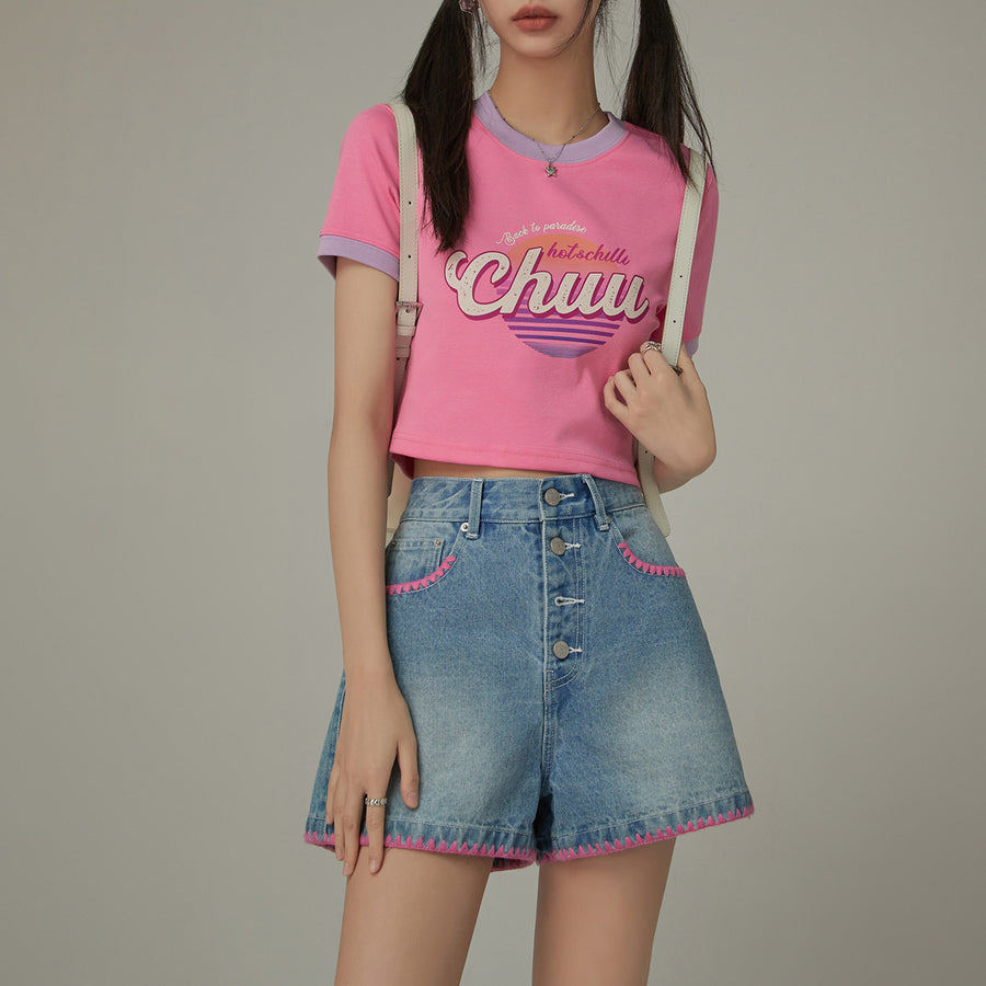 CHUU Color Line Button Denim Shorts