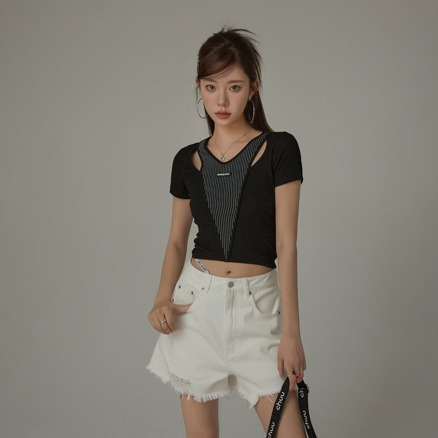 CHUU Slit Ribbed Center Stripes T-Shirt