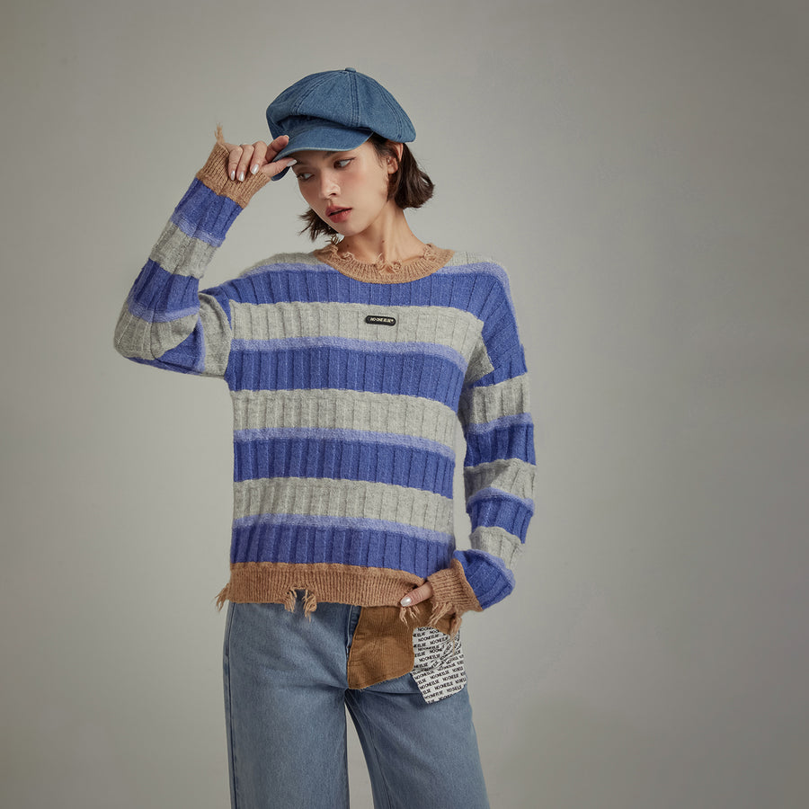 CHUU Distressed Striped Loose Knit Sweater