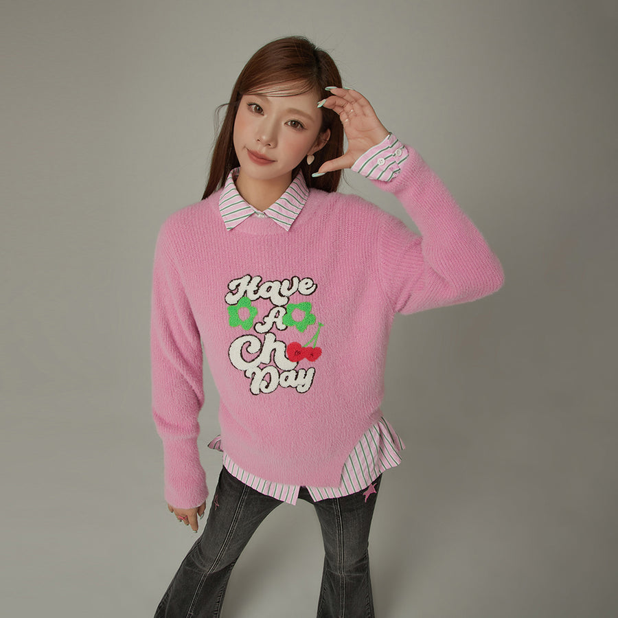 CHUU Have A Chuu Day Slit Lettering Knit Sweater