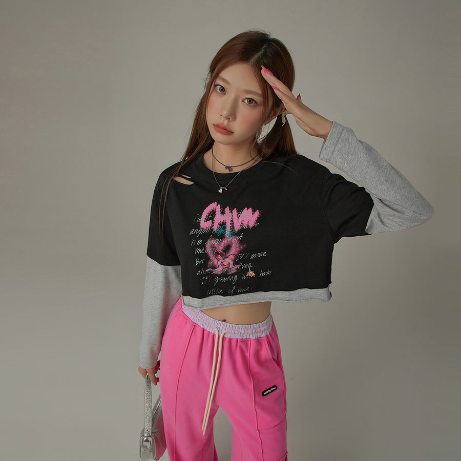 CHUU Color Matching Cropped Logo Long-Sleeve T-Shirt