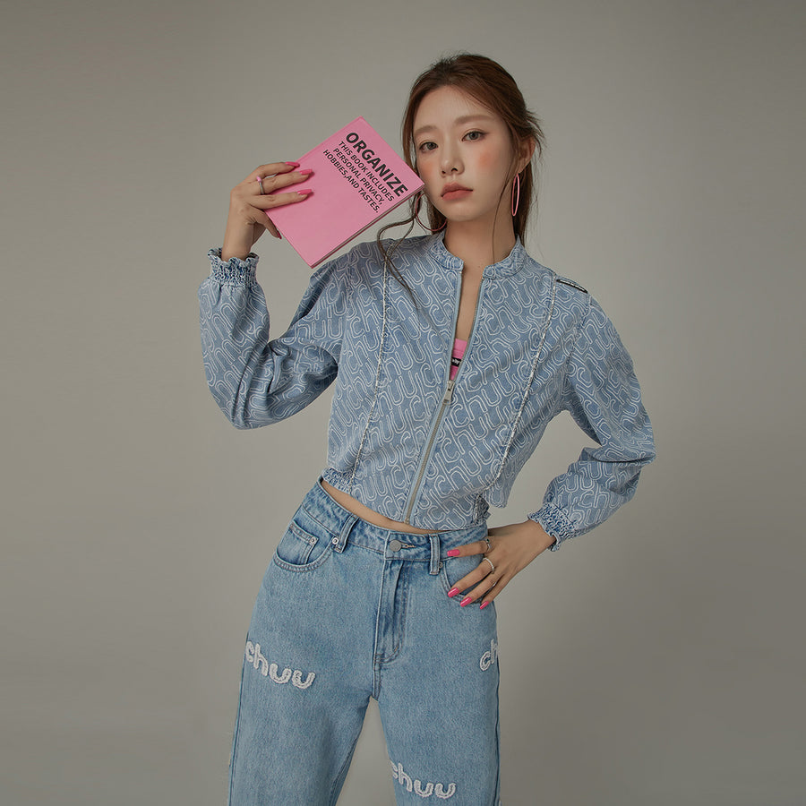 CHUU Logo Lettering Denim Zip Up Jacket