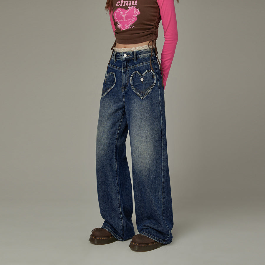 CHUU Heart Pocket Lace Denim Jeans