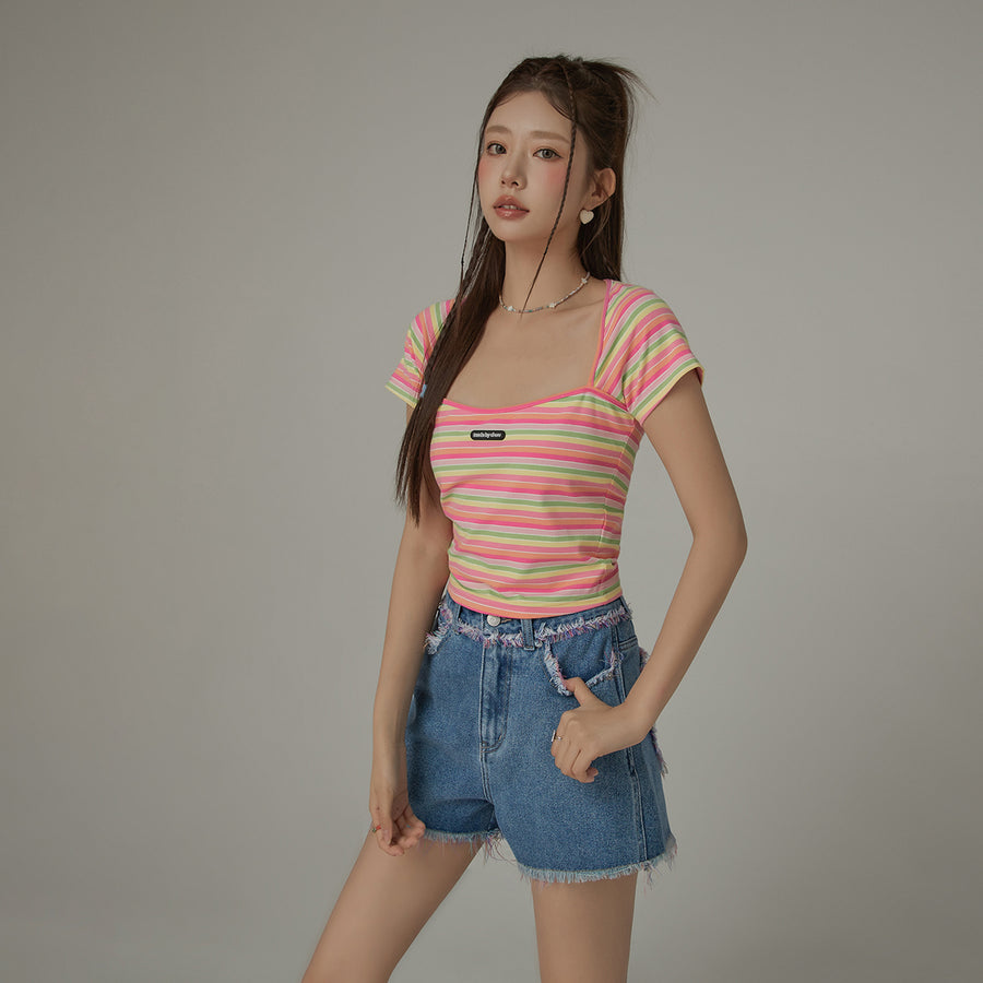 CHUU Rainbow Stripe Square Neck T-Shirt