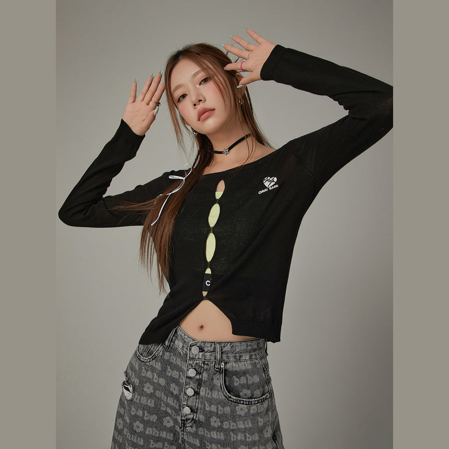 CHUU Embroidery Cutout Semi Crop Knit Top