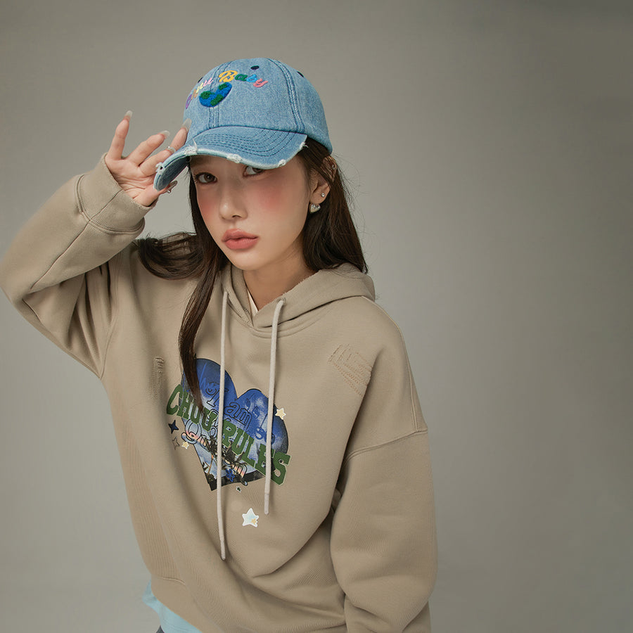 CHUU Rainbow Logo Distressed Denim Ball Cap