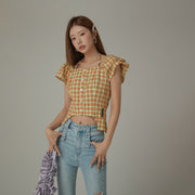 Side Garter Check Buttoned Yellow Blouse