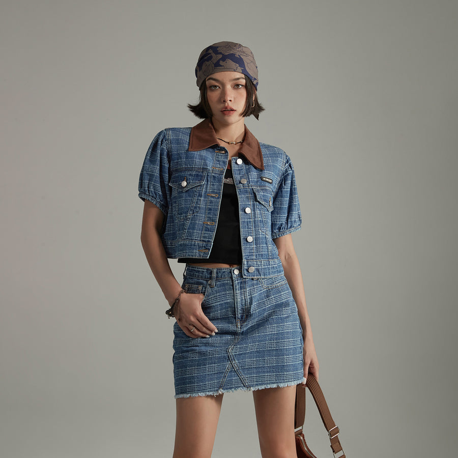 CHUU Vintage Check Puffy Short Sleeve Denim Jacket