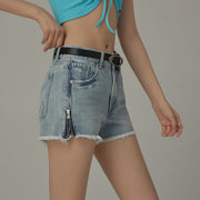 Fringed Hem Side Zippers Denim Shorts