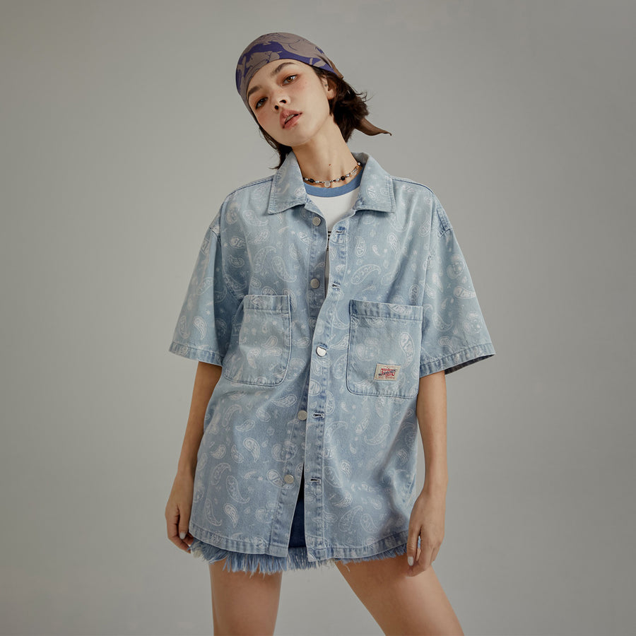 CHUU Logo Paisley Loose Fit Denim Shirt