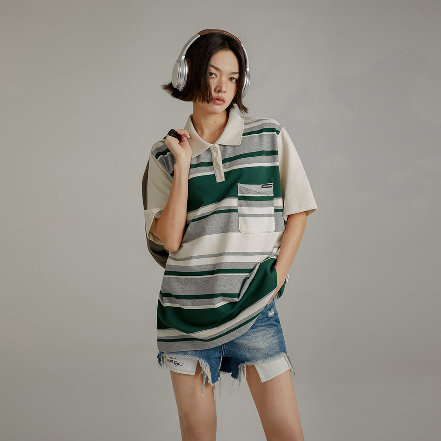 CHUU Polo Neck Striped Loose Fit T-Shirt