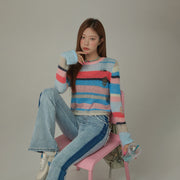 Rainbow Crop Ripped Stripe Knit Sweater