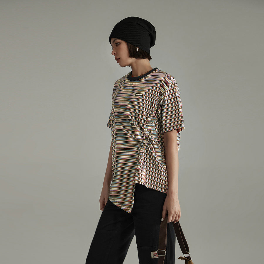 CHUU Striped Slit Shirring String T-Shirt