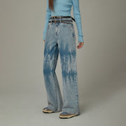 Double Belted Washed Straight Wide Jeans