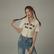 Logo Color Waffle Short Sleeve Zip-Up Top