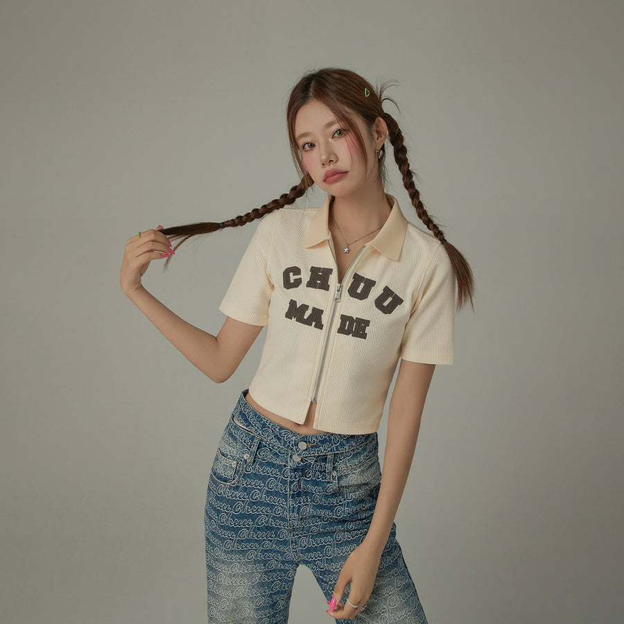 CHUU Logo Color Waffle Short Sleeve Zip-Up Top