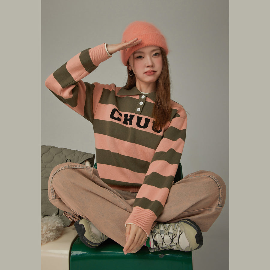 CHUU Polo Neck Striped Knit Top