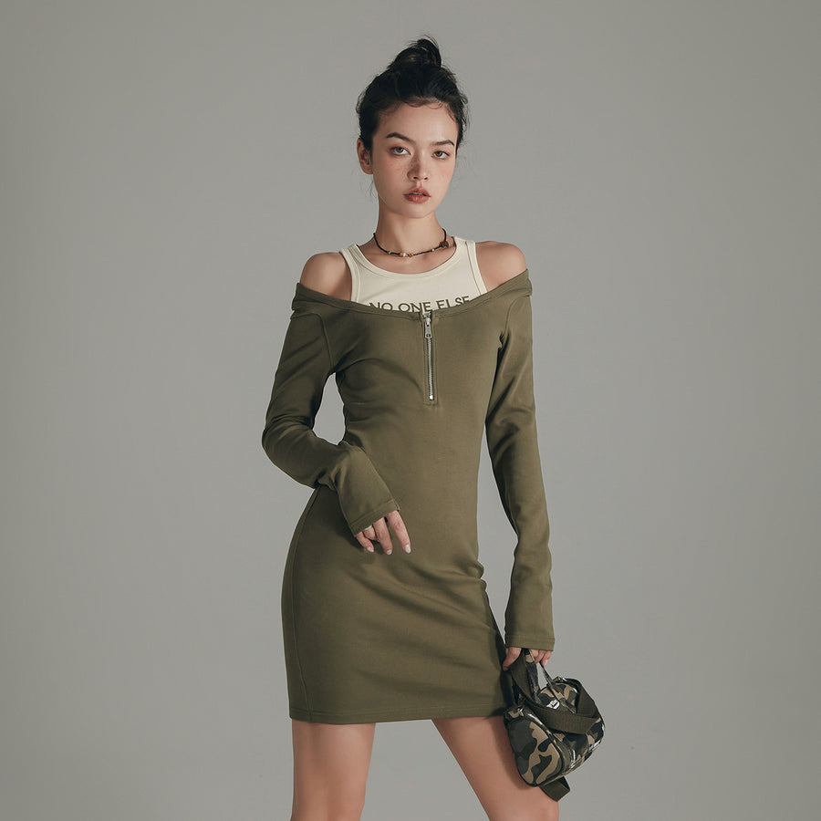 CHUU Logo Layered Zip Up Slim Mini Dress