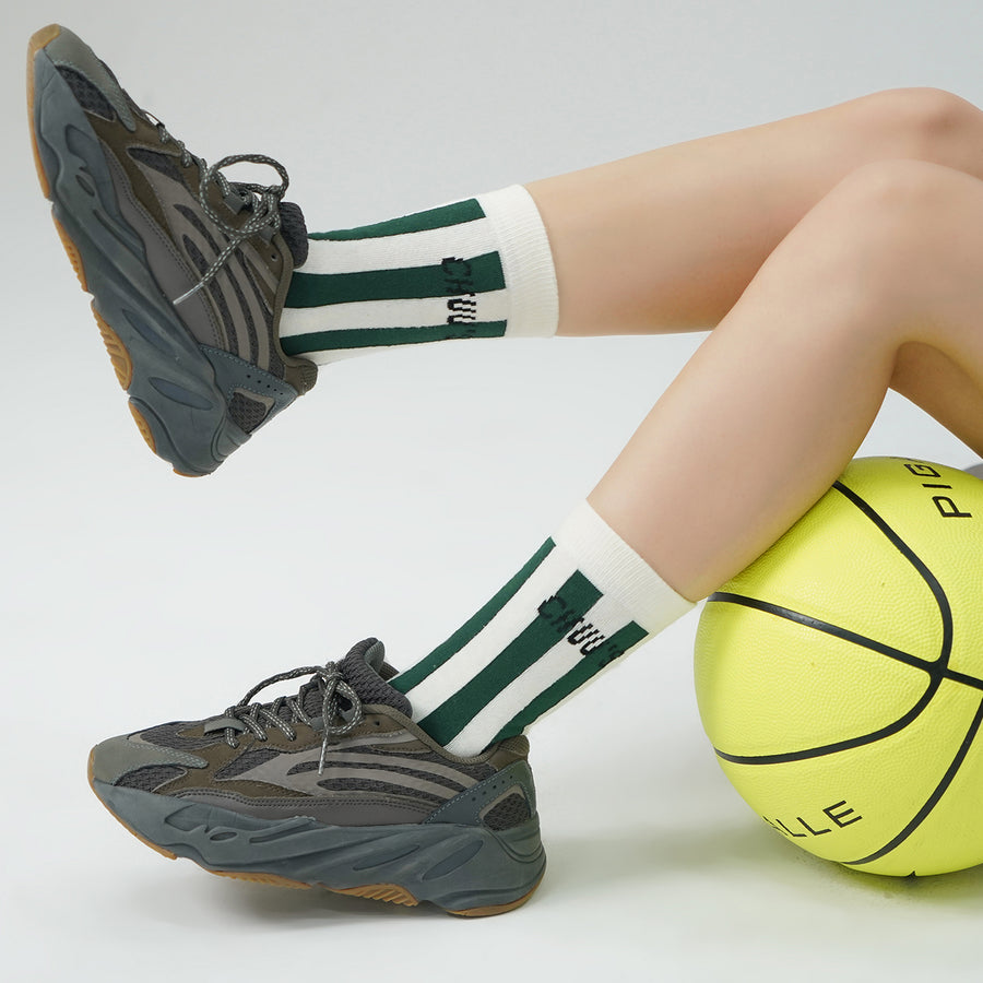 CHUU Logo Vintage Vertical Stripes High Socks