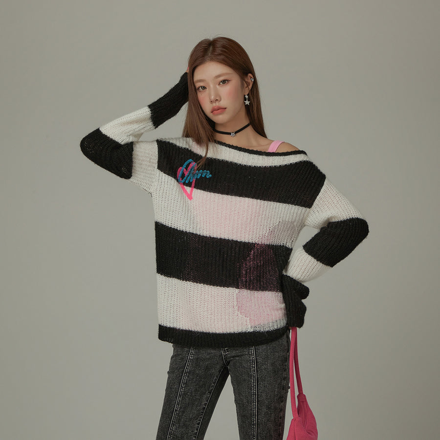 CHUU Off-Shoulder Loosefit Maxi Stripes Sweater