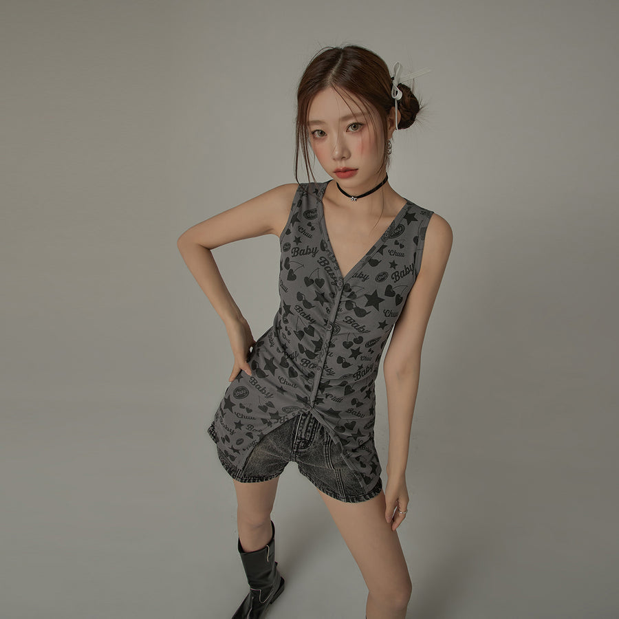 CHUU Cute Icons Button Shirring Sleeveless Top