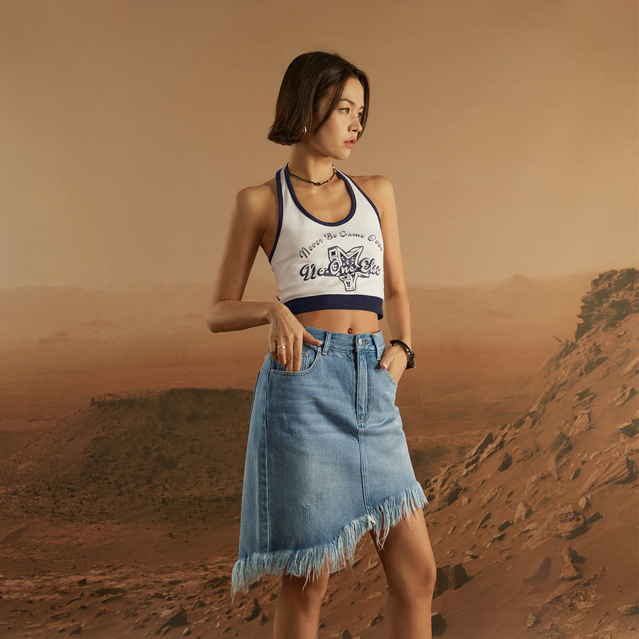 CHUU Asymmetrical Fringed Denim Skirt