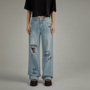 Mushroom Design Ripped Wide Denim Jeans