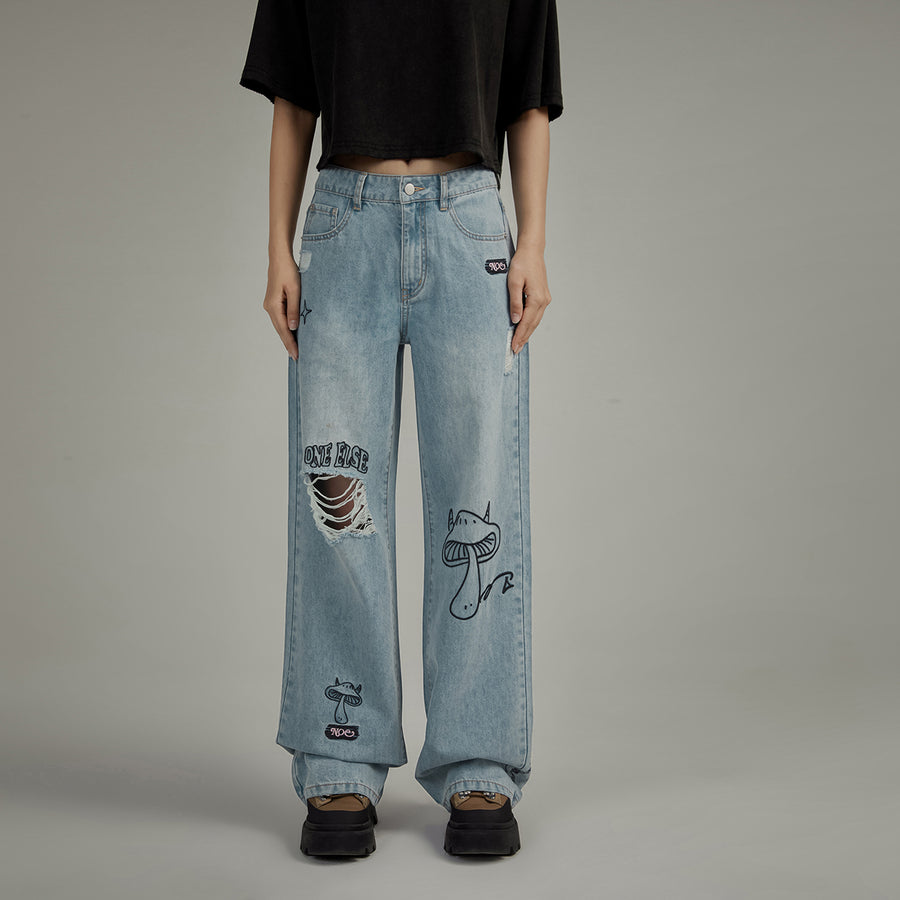 CHUU Mushroom Design Ripped Wide Denim Jeans