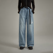 Elastic Waist Washed Wide Denim Jeans