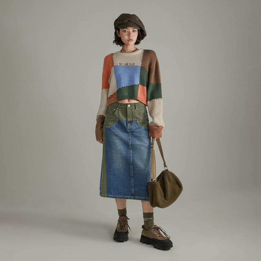 CHUU Two Toned Long Denim Skirt