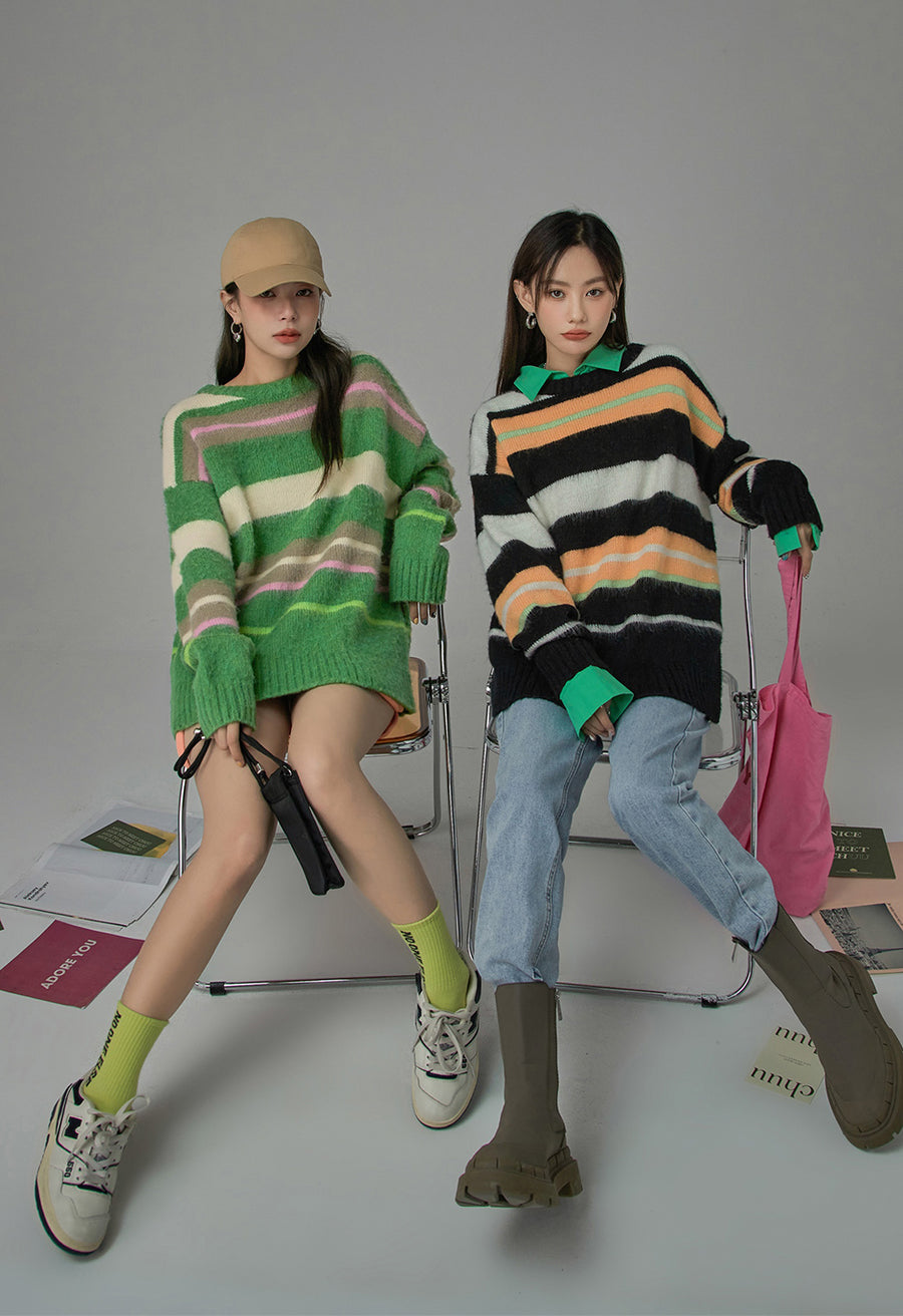 CHUU Tiktok Fame Stripes Knit Oversized Sweater