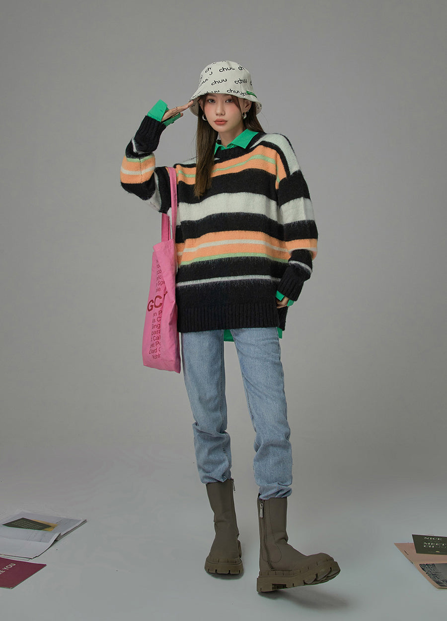 CHUU Tiktok Fame Stripes Knit Oversized Sweater