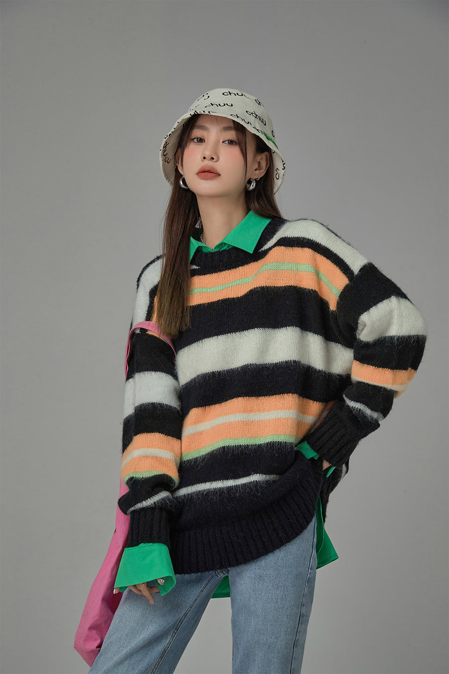 CHUU Tiktok Fame Stripes Knit Oversized Sweater