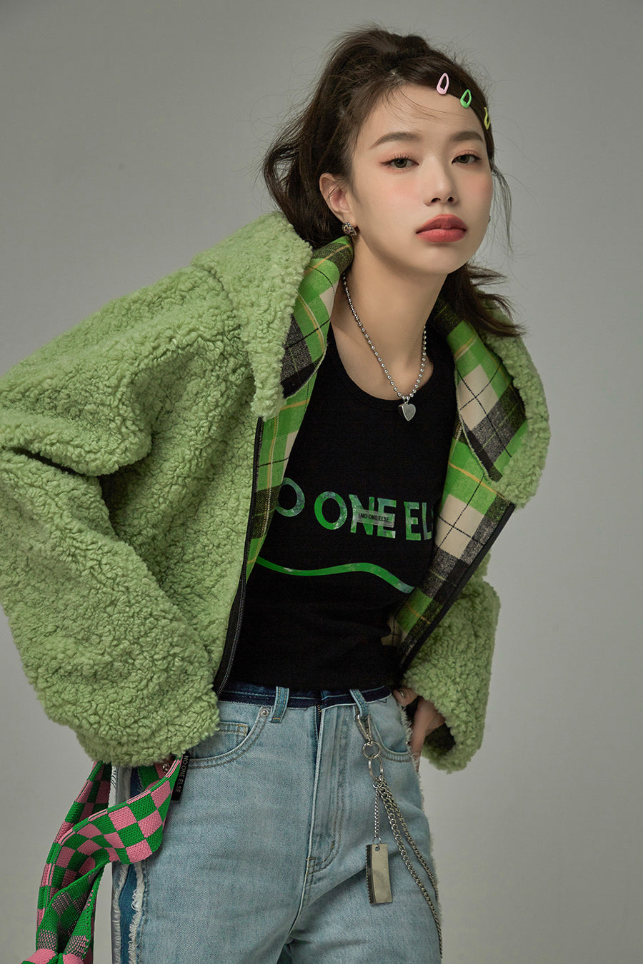 CHUU Whatever Fleece Checkered Jacket