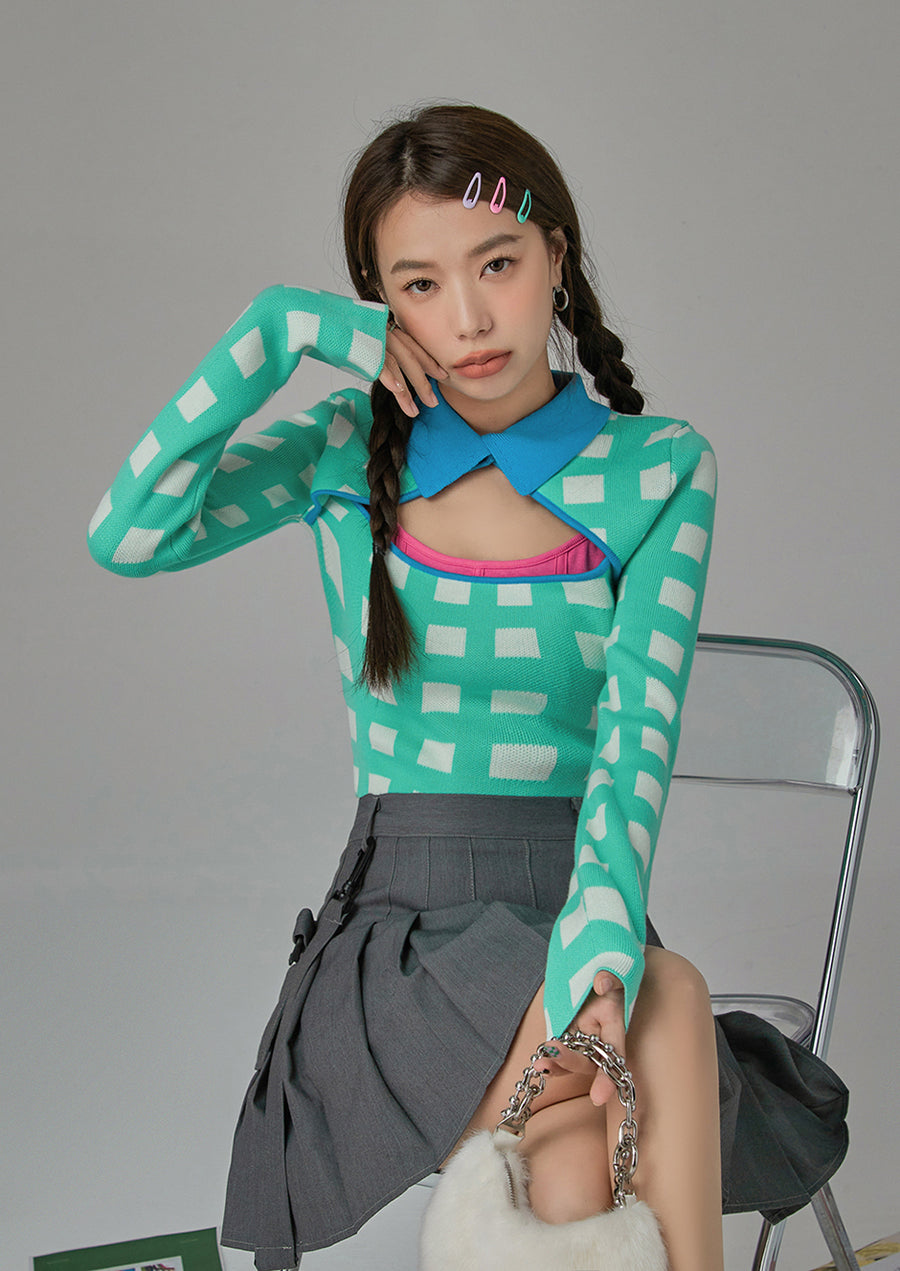 CHUU You Glow Checkered Knit Sweater