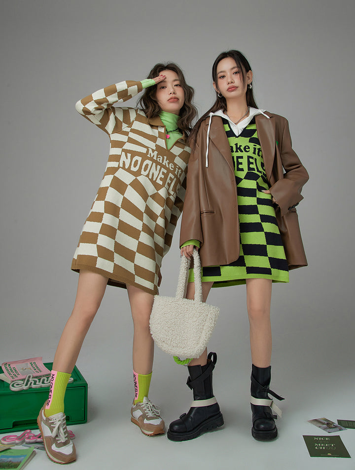 Save Your Energy For Me Checkered Knit Dress