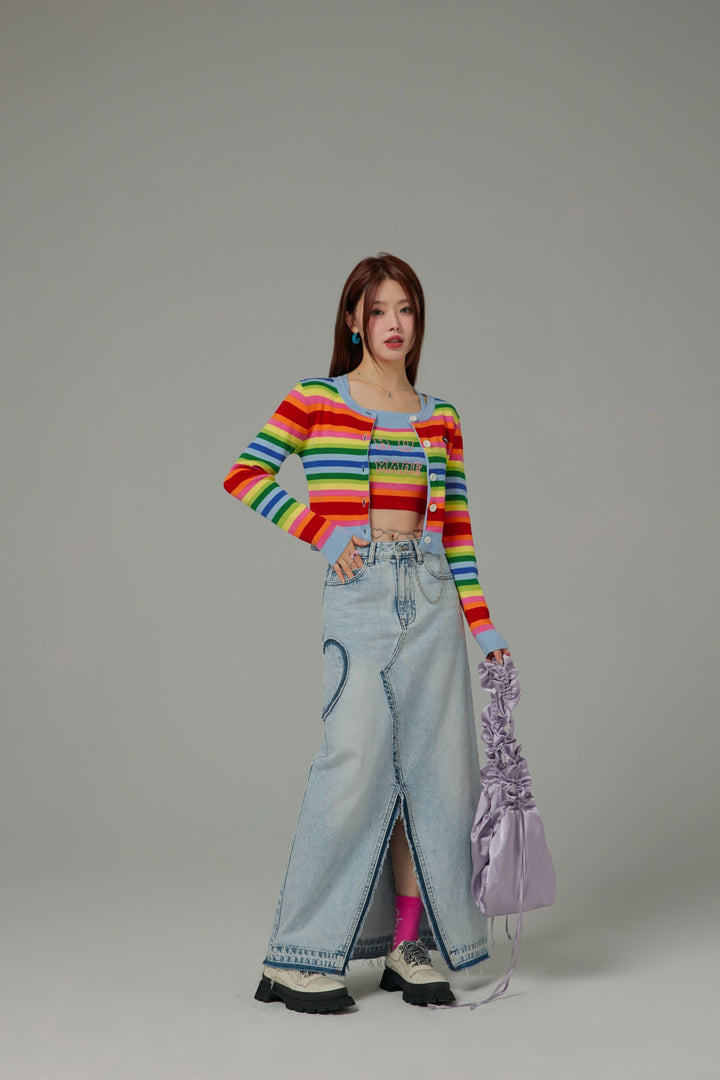 Rainbow Stripes Knit Button Cropped Cardigan