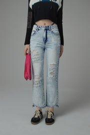 Unbalanced Hem Distressed Denim Jeans