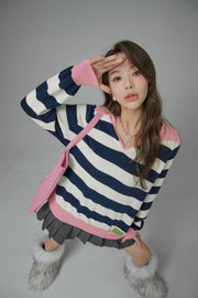 Open Book Loose Fit V-Neck Striped Knit Top