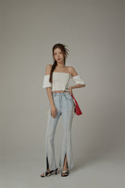 Lace Up Pocket Slit Bootcut Light Wash Denim Jeans