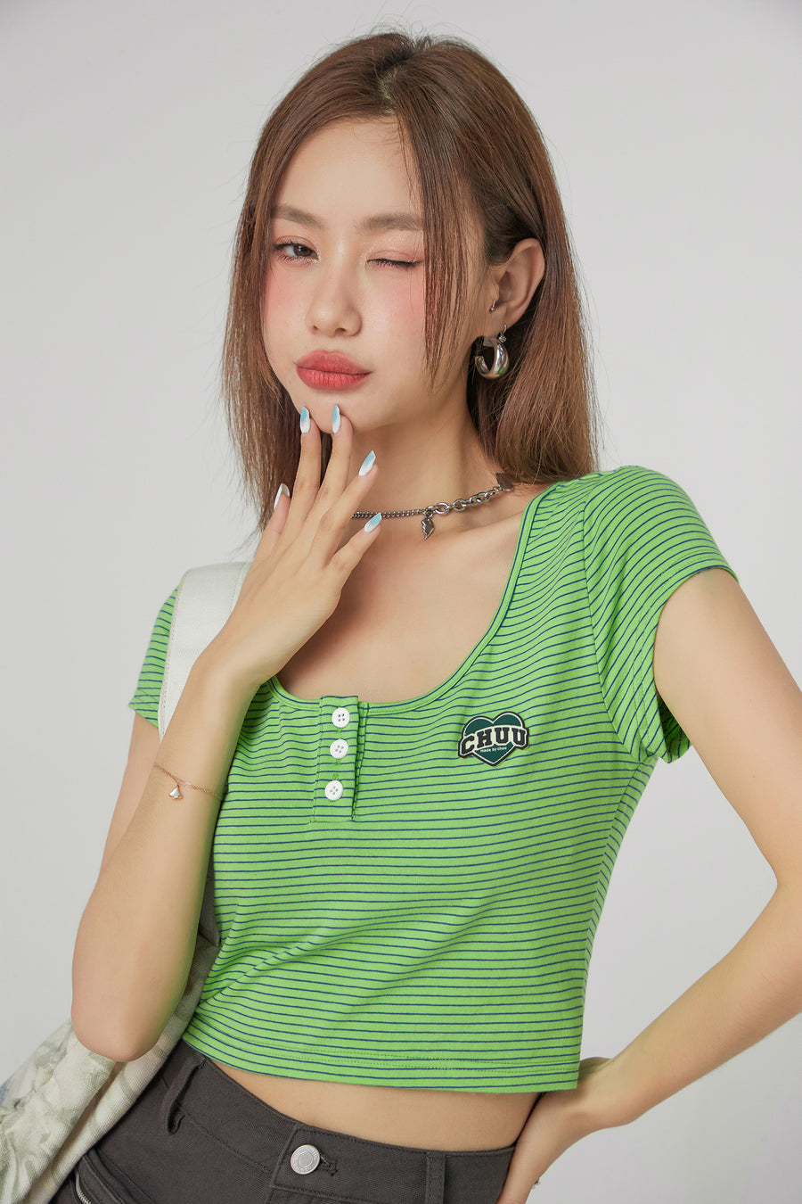 CHUU Stripe Front Button Crop Top