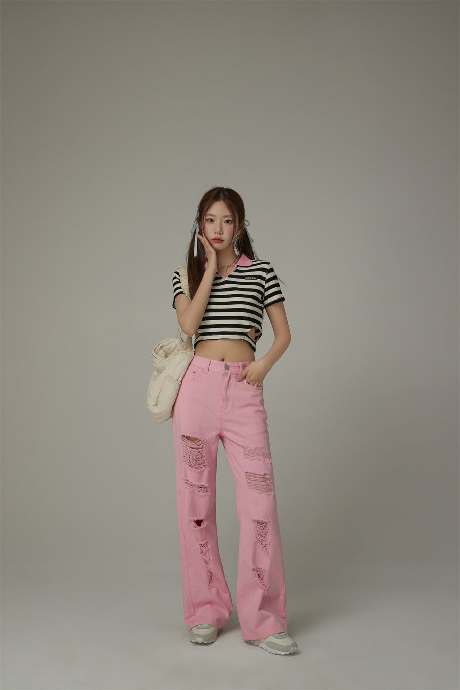 CHUU Striped Side Cut Out Cropped T-Shirt