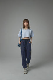 Chuu Lapel Striped Cropped T-Shirt