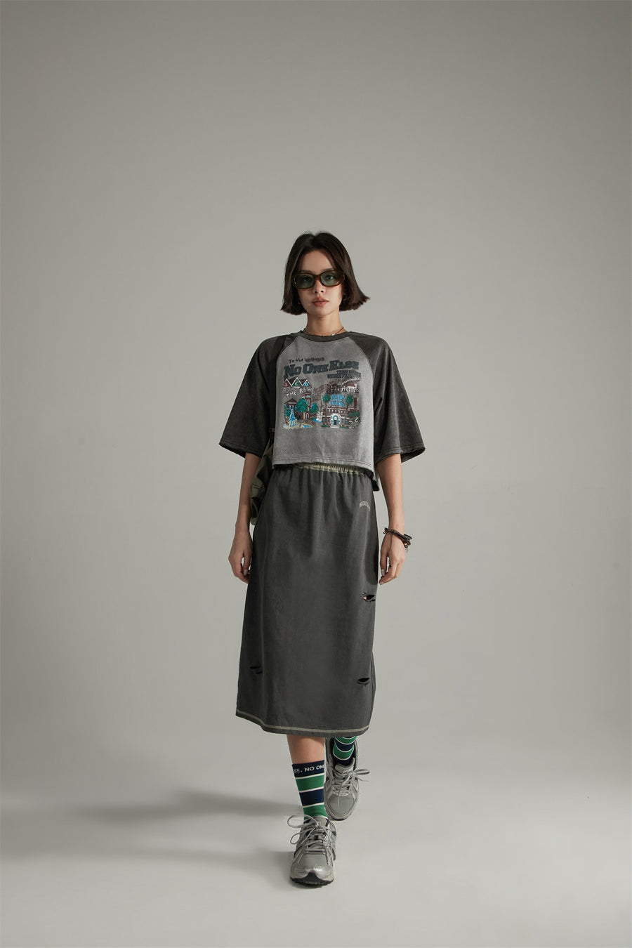 CHUU Banded Vintage Slit Long Skirt