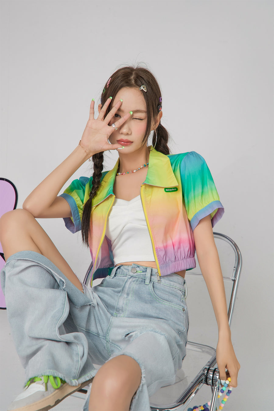 CHUU Rainbow Cropped Zip-Up Jacket