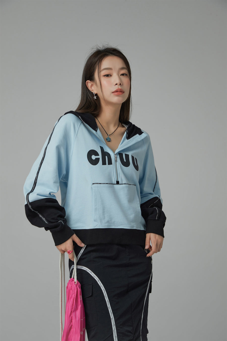 CHUU Chuu Lettering Half Zip-Up Hoodie