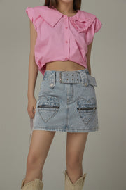 Heart Pocket Belt Denim Mini Skirt